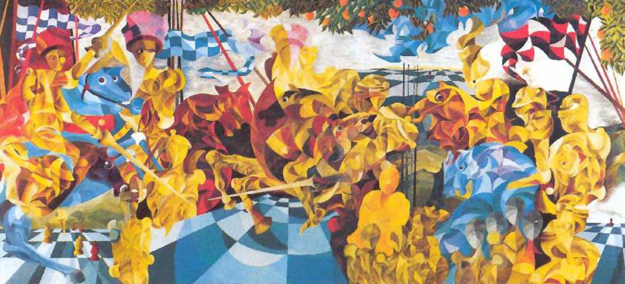Baldo Savonari, Omaggio a Paolo Uccello, 1985-86, Olio su tela cm 450 x 200